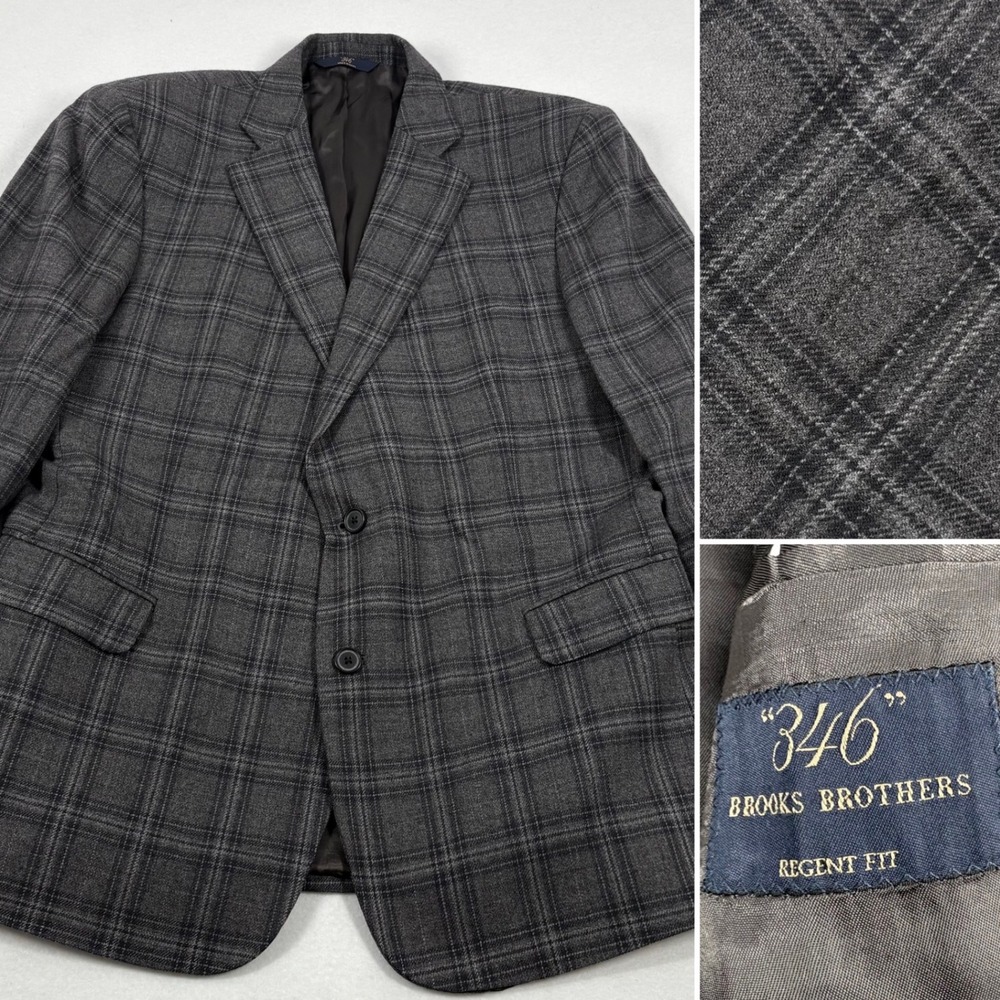 Brooks Brothers‎ 346 Regent Fit Mens 40/42R Grey Plaid Wool 2B Blazer Sport Coat